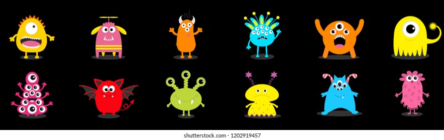 Happy Halloween. Cute monster icon set. Cartoon colorful scary funny character. Eyes, tongue, hands up. Funny baby collection. Black background Isolated. Flat design. Vector illustration