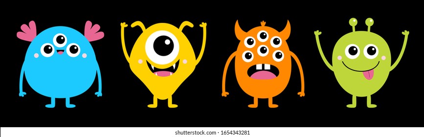 Happy Halloween. Cute monster icon set line. Four cartoon kawaii colorful boo scary spooky smiling character. Eyes, tongue, horns, hands up. Funny baby collection. Black background. Flat design Vector