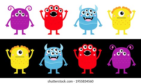 Happy Halloween. Cute monster icon set line banner. Kawaii cartoon character. Funny face colorful silhouette. Hands up, down. Eyes teeth fang horn tongue. Flat design. Black white background. Vector