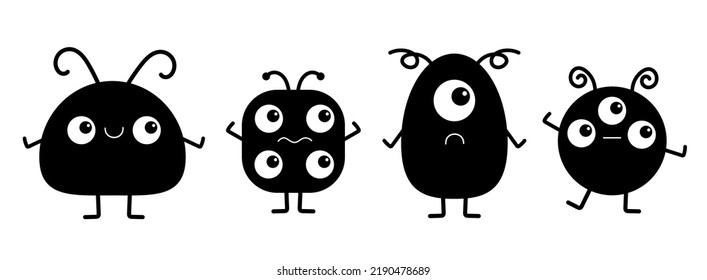 Happy Halloween. Cute monster icon set line. Kawaii cartoon funny baby character. Sticker print template. Black silhouette. Eyes, horn, fang teeth tongue. Flat design. White background. Vector
