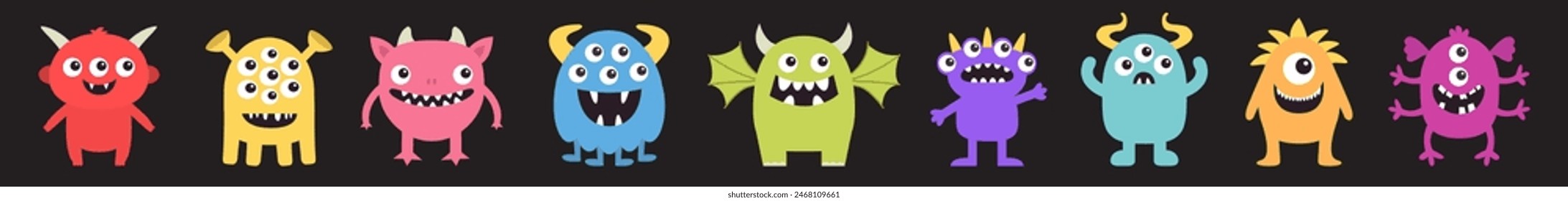 Happy Halloween. Cute monster icon set line. Cartoon kawaii funny baby character. Colorful silhouette. Sticker print. Eyes, horns, fang teeth, wing. Childish style. Flat design Black background Vector