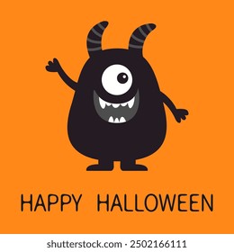 Happy Halloween. Cute monster icon. Smiling face head. One eye, fang tooth, horns, hands. Black silhouette. Cartoon boo spooky kawaii funny baby character. Flat design. Orange background. Vector