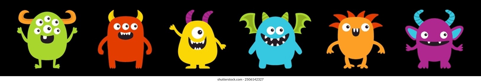 Happy Halloween. Cute monster icon set line. Kawaii cartoon funny character. Horns, wings, fang teeth, eyes. Colorful silhouette. Sticker print. Flat design. Childish style. Black background. Vector