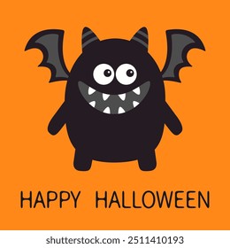 Happy Halloween. Cute monster icon. Smiling face head. Eyes, wings fang tooth, horns. Black silhouette. Cartoon boo spooky kawaii funny baby character. Flat design. Orange background. Vector