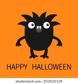 Feliz Halloween. Lindo icono de monstruo. Cabeza de cara de miedo. Ojos, colmillos, cuernos, cabello, manos. Silueta negra. Cartoon boo spooky kawaii personaje divertido del bebé. Diseño plano. Fondo anaranjado. Vector