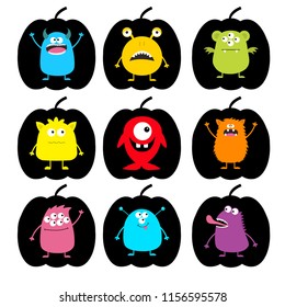Happy Halloween. Cute monster pumpkin shape icon set. Cartoon scary funny character. Eyes, tongue, horns, hands up. Funny baby collection. White background Isolated. Flat design. Vector illustration