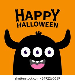 Happy Halloween. Cute monster scary smiling face head icon. Three eyes, fang tooth, horns. Black silhouette. Cartoon boo spooky kawaii funny baby character. Flat design. White background Vector