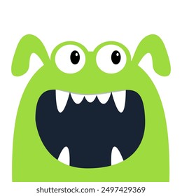 Happy Halloween. Cute monster scary screaming face head icon. Eyes, fang tooth, ears. Green silhouette. Cartoon boo spooky kawaii funny baby character. Flat design White background Vector illustration