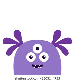 Happy Halloween. Cute monster scary face head icon. Three eyes, fang tooth, horns, ears, hair. Violet silhouette. Cartoon boo spooky kawaii funny baby character. Flat design. White background. Vector