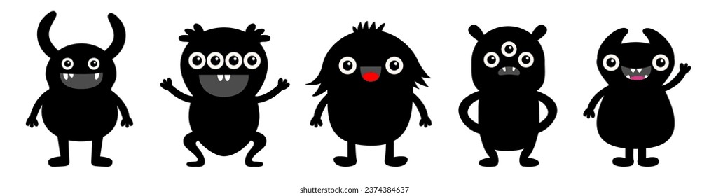 Happy Halloween. Cute monster set line. Black monsters with different emotions. Cartoon kawaii boo character. Funny head face. Childish baby collection. White background. Flat design. Vector