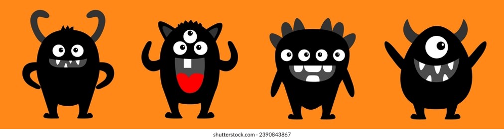 Happy Halloween. Cute monster set line. Black silhouette monsters. Cartoon kawaii funny boo character. Cute face with teeth, horns, eyes. Childish baby collection. Orange background Flat design Vector