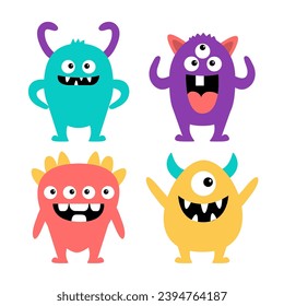 Happy Halloween. Cute monster set. Colorful silhouette monsters. Cartoon kawaii funny boo character. Cute face with teeth, horns, eyes. Childish baby collection. Flat design. White background. Vector