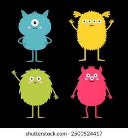 Happy Halloween. Cute monster set. Different faces. Eyes, teeth, horns hands. Colorful silhouette monsters. Kawaii cartoon funny boo character. Childish style. Flat design. Black background. Vector