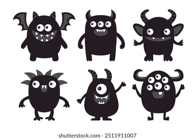 Happy Halloween. Cute monster set. Kawaii cartoon funny baby character icon. Black silhouette. Horns, wings, fang teeth, eyes. Sticker print. Childish style. Flat design. White background. Vector