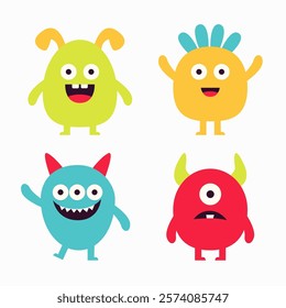 Happy Halloween. Cute monster set. Cartoon kawaii funny boo baby character. Colorful silhouette monsters. Different face. Eyes, teeth horns, hands. Flat design. Childish style. White background Vector