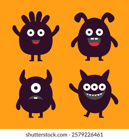 Happy Halloween. Cute monster set. Black silhouette monsters. Cartoon kawaii funny boo character. Different face. Eyes, teeth horns, hands. Childish style. Flat design. Orange background. Vector