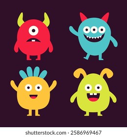 Happy Halloween. Cute monster set. Kawaii cartoon boo baby character. Colorful silhouette monsters. Different face. Eyes, teeth horns, hands. Flat design. Childish style. Black background. Vector