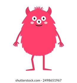 Happy Halloween. Cute monster standing. Pink monsters silhouette icon. Three eyes, smiling face, hands. Cartoon kawaii funny baby character. Childish style. Flat design. White background. Vector