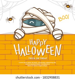 Happy Halloween. Cute Mummy Cartoon Illustration. Greeting Card