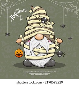 Happy Halloween With Cute Mummy Gnome On Seamless Background, Cute Cartoon Illustration