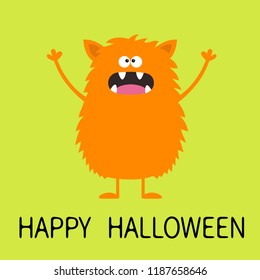 Happy Halloween. Cute orange monster icon. Cartoon colorful scary funny character. Eyes, tongue, fang, ears, holding hands up. Funny baby collection. Green background Isolated. Flat design. Vector