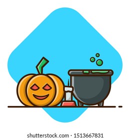 Happy Halloween. Cute Orange Pumpkin, Small Candle, Cauldron With Green Potion. Set Doodle of Halloween Party. Cartoon Halloween. Flat Cartoon Style Suitable for Sticker, Wallpaper, etc.