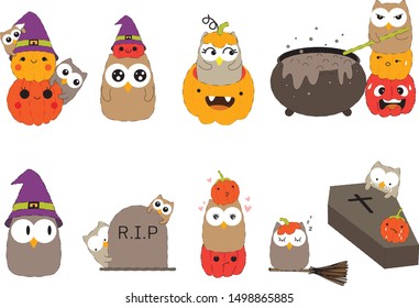 Happy halloween cute owl with pumpkin character vector set.