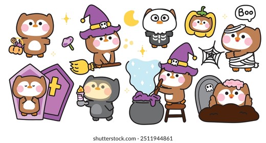 Feliz halloween.Set de coruja bonito em vários poses halloween festival.Moon, veneno, teia de aranha, mão de abóbora desenhada.Witch.Ghost.Dracula.Zombies.Night.Animal cartoon.Kawaii.Vetor.Illustration.