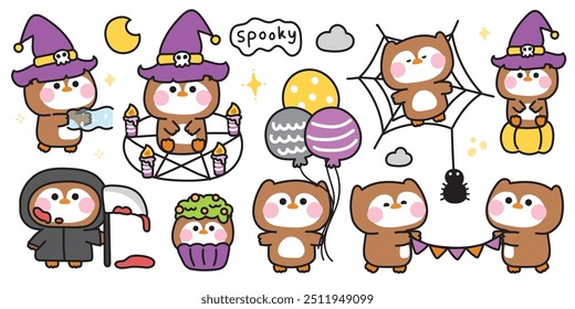 Feliz halloween.Conjunto de lindo búho en varias poses festival de halloween.Magia, cupcake, araña, globo, luna dibujado a mano.Bruja.Cráneo del diablo.Muerto.Noche.Animales de dibujos animados.Kawaii.Vector.Ilustración.