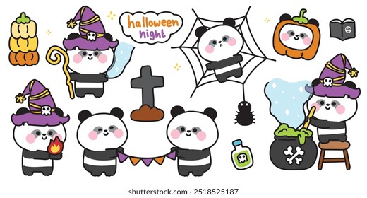 Feliz halloween. Conjunto de lindo oso panda en varias poses festival de halloween. Calabaza, magia, tumba, araña dibujada a mano. Bruja. Noche. Dibujos animados de animales. Kawaii. Vector. Ilustración.