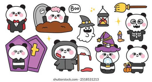 Feliz halloween. Conjunto de lindo oso panda en varias poses festival de halloween. Escoba, calabaza, fantasma, ataúd dibujado a mano. Bruja. Drácula. Zombies. Noche. Dibujos animados de animales. Kawaii. Vector. Ilustración.