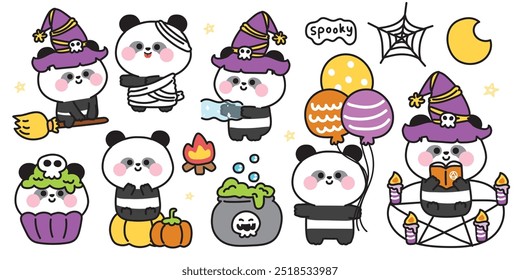 Feliz halloween.Conjunto de lindo oso panda en varias poses festival de halloween.Globo, Web de araña, calabaza, cupcake, mano de veneno dibujado.Witch.Zombies.Moon.Star.Night.Animal cartoon.Kawaii.Vector.Illustration.