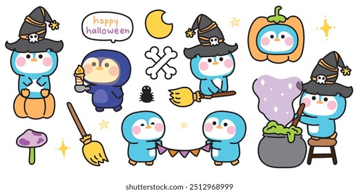 Feliz halloween.Conjunto de lindo pingüino en varias poses festival de halloween.Calabaza, magia, veneno, escoba, araña dibujado a mano.Bruja.Luna.Noche.Animales de dibujos animados.Kawaii.Vector.Ilustración.