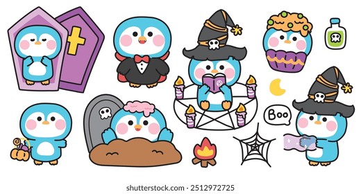 Feliz halloween.Conjunto de lindo pingüino en varias poses festival de halloween.Cupcake, magia, veneno, Web de araña, ataúd dibujado a mano.Witch.Dracula.Moon.Night.Animal cartoon.Kawaii.Vector.Illustration.