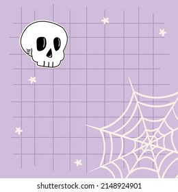 Happy Halloween. Cute postcard with a skull, star and a spider web. On a purple background. Vector hand drawn illustration. Background for the inscription. Banner.