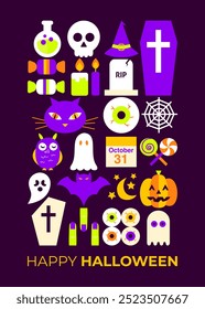 Happy Halloween Cute Postcard. Vector Illustration of Flat Style Background. Trick or Treat Greeting Card. Scary Party Concept. Horror Holiday.