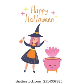 Happy Halloween cute poster with a little witch. Hand drawn calligraphy and cute halloween elements. Vector illustration in flat style