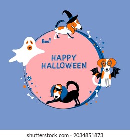 Happy Halloween. Cute print with dogs, great design for Halloween pet party. Flat illustration with funny hand drawn characters. Vector illustration design for posters, textiles, invitation cards.