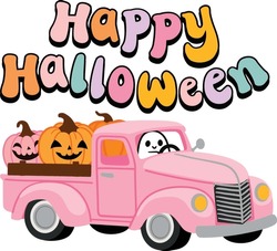 Happy Halloween Cute Pumpkin Truck Vector Illustration.