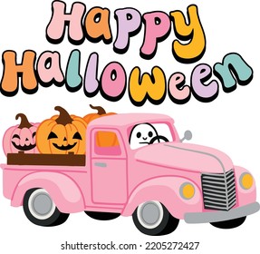 Happy Halloween cute pumpkin truck vector illustration.