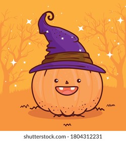 happy halloween, cute pumpkin using hat witch vector illustration design