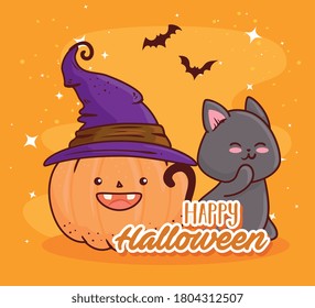 happy halloween, cute pumpkin using hat witch with cat and bats flying vector illustration design