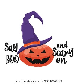 Happy halloween with cute pumpkin in witch hat. Vector illustration.