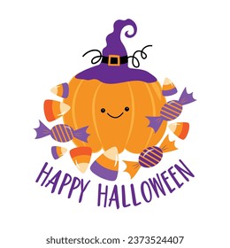 Happy Halloween - cute pumpkin in witch hat and with candies. Good for baby clothes, poster, card, label, and other decoration for Halloween.