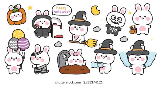 Feliz halloween. Conjunto de conejo lindo en varias poses festival de halloween. Luna, estrella, globo, mano mágica dibujada. Bruja. Fantasma. Zombis. Noche. Dibujos animados de animales. Kawaii. Vector. Ilustración.