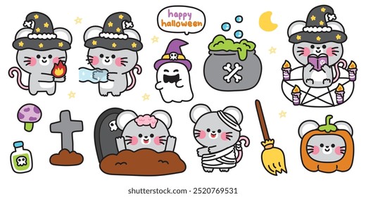 Happy halloween.Set of cute rat mouse festival.Grave,poison,ghost,bloom,pumpkin hand drawn.Witch.Zombies.Moon.Star.Night.Animal cartoon.Kawaii.Vector.Illustration.