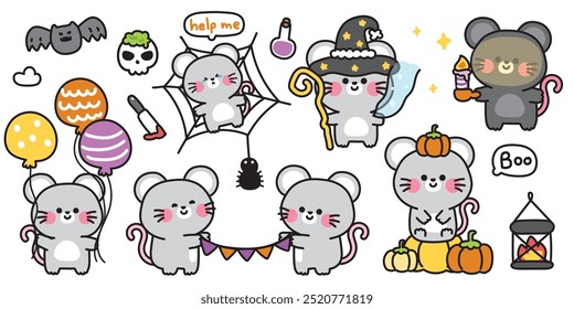 Happy halloween.Set of cute rat mouse festival.Balloon,bat,spider,pumpkin,skull hand drawn.Witch.Cloud.Night.Animal cartoon.Kawaii.Vector.Illustration.