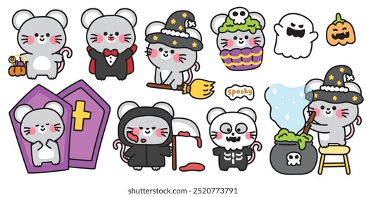 Feliz halloween. Conjunto de lindo festival de ratones ratones. Ataúd, flor, cupcake, calabaza, calavera dibujada a mano. Bruja. Diablo. Zombis. Noche. Dibujos animados de animales. Kawaii. Vector. Ilustración.