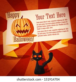 Happy halloween cute retro banner on the craft paper texture with black cat and pumpkin, with halloween greeting and place for your text.