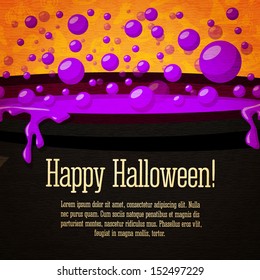  Happy halloween cute retro banner on the craft paper texture with black witch cauldron boiling the potion, with halloween greeting and place for your text. Vector.